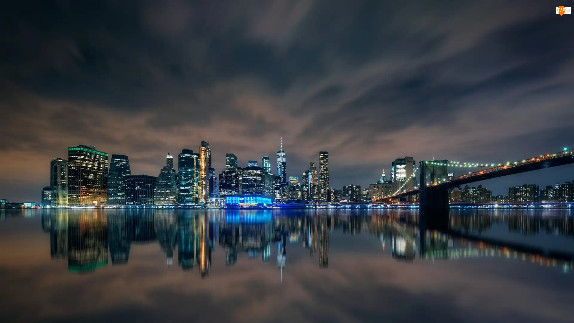 Manhattan, Manhattan, Cieśnina East River, Nowy Jork, Domy, Most Manhattan Bridge, Stany Zjednoczone, Rzeka