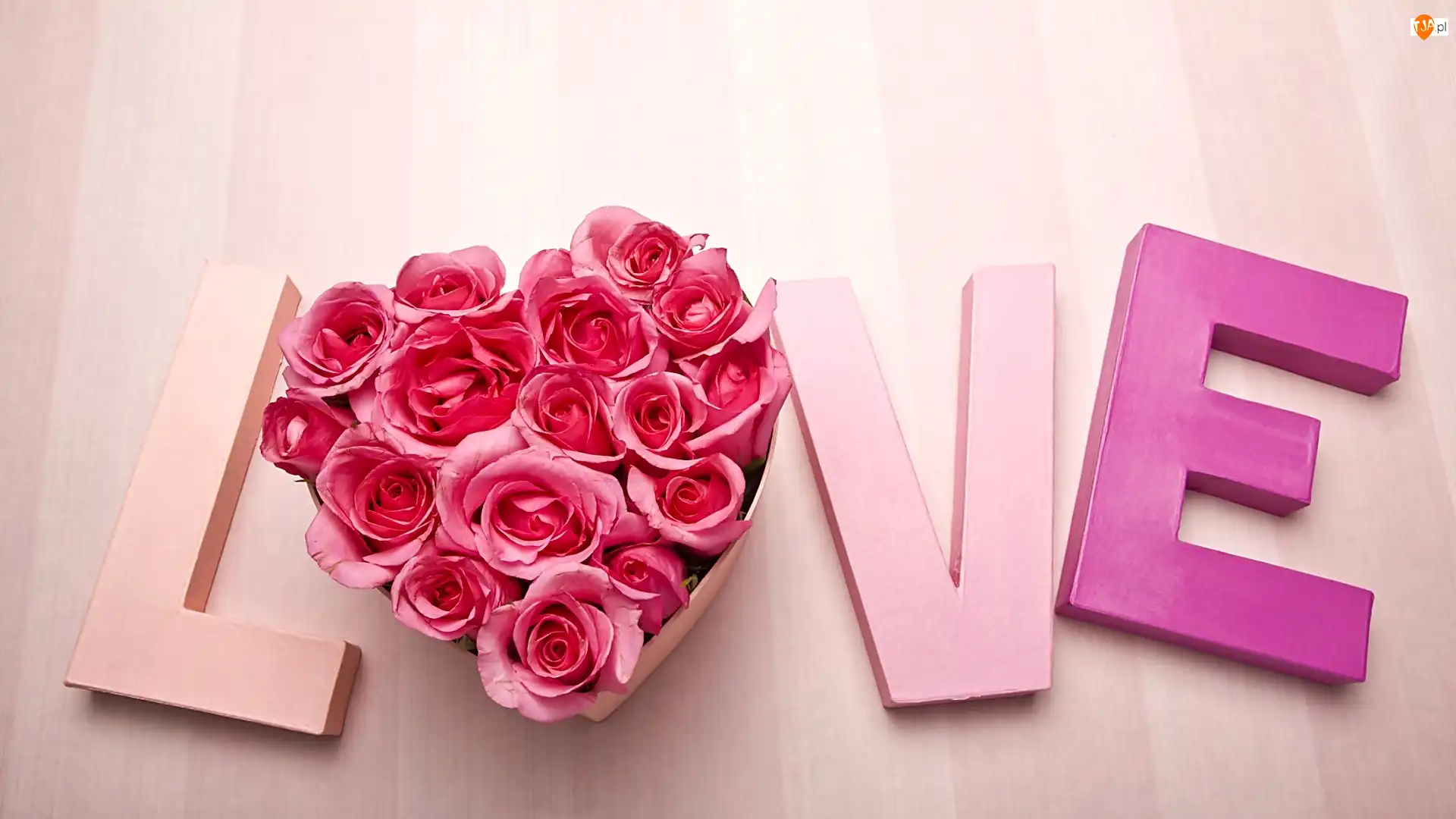 Love, Serce, Deski, Napis, Róże, Różowe, Pudełko