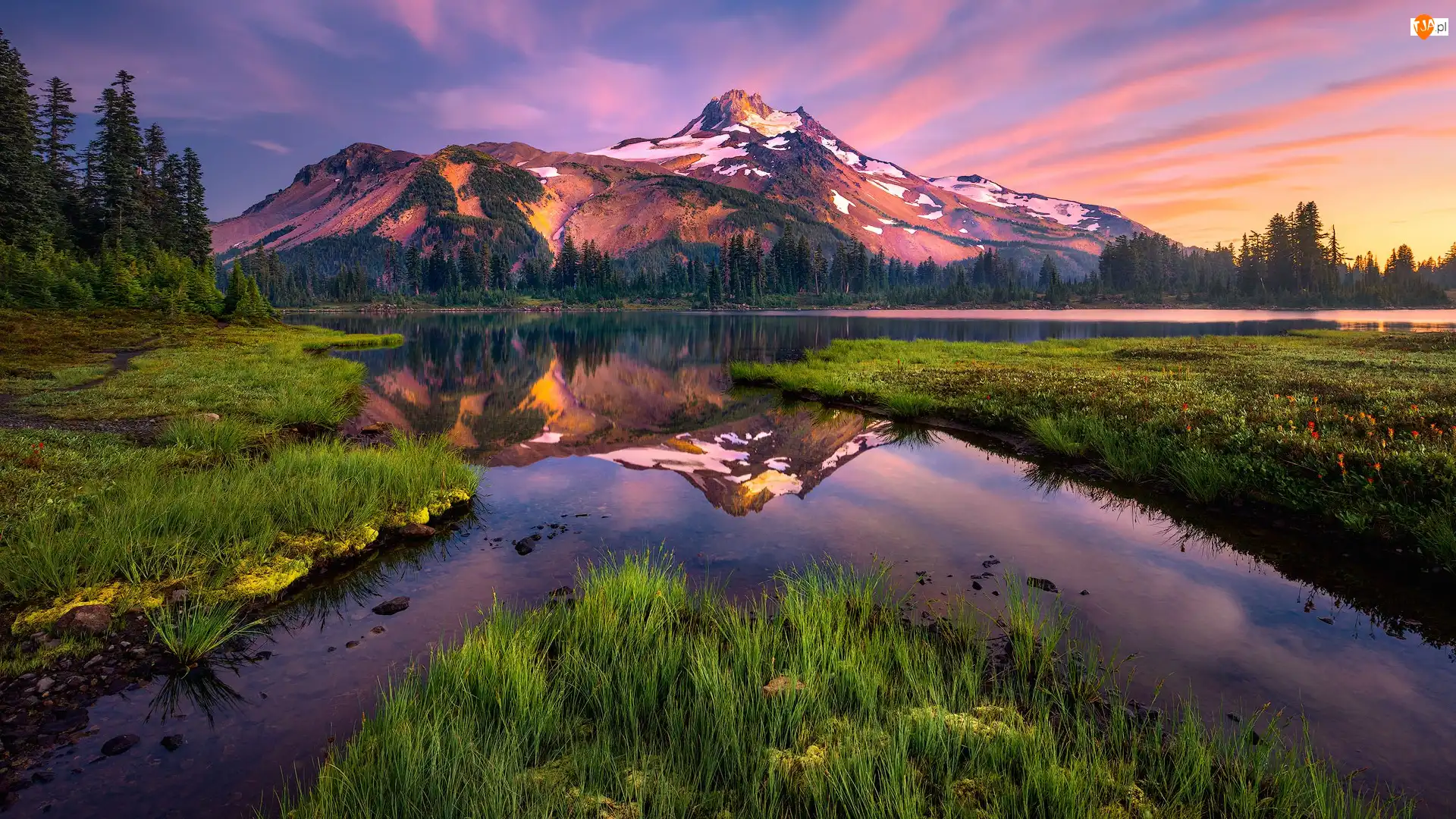Zachód słońca, Góra, Jezioro, Oregon, Stratowulkan, Drzewa, Stany Zjednoczone, Mount Jefferson