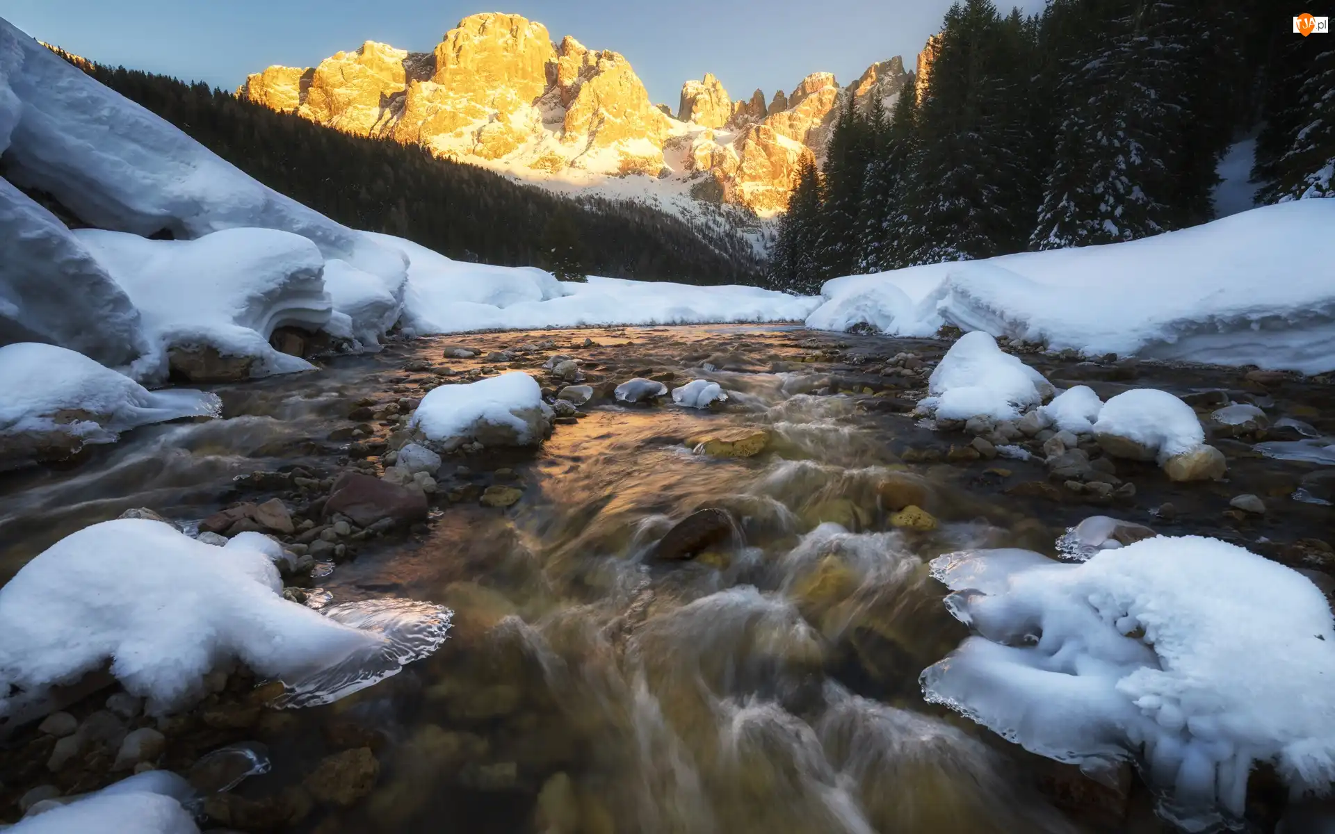 Dolomity, Rzeka, Włochy, Góry, Trydent-Górna Adyga, Zima, Drzewa