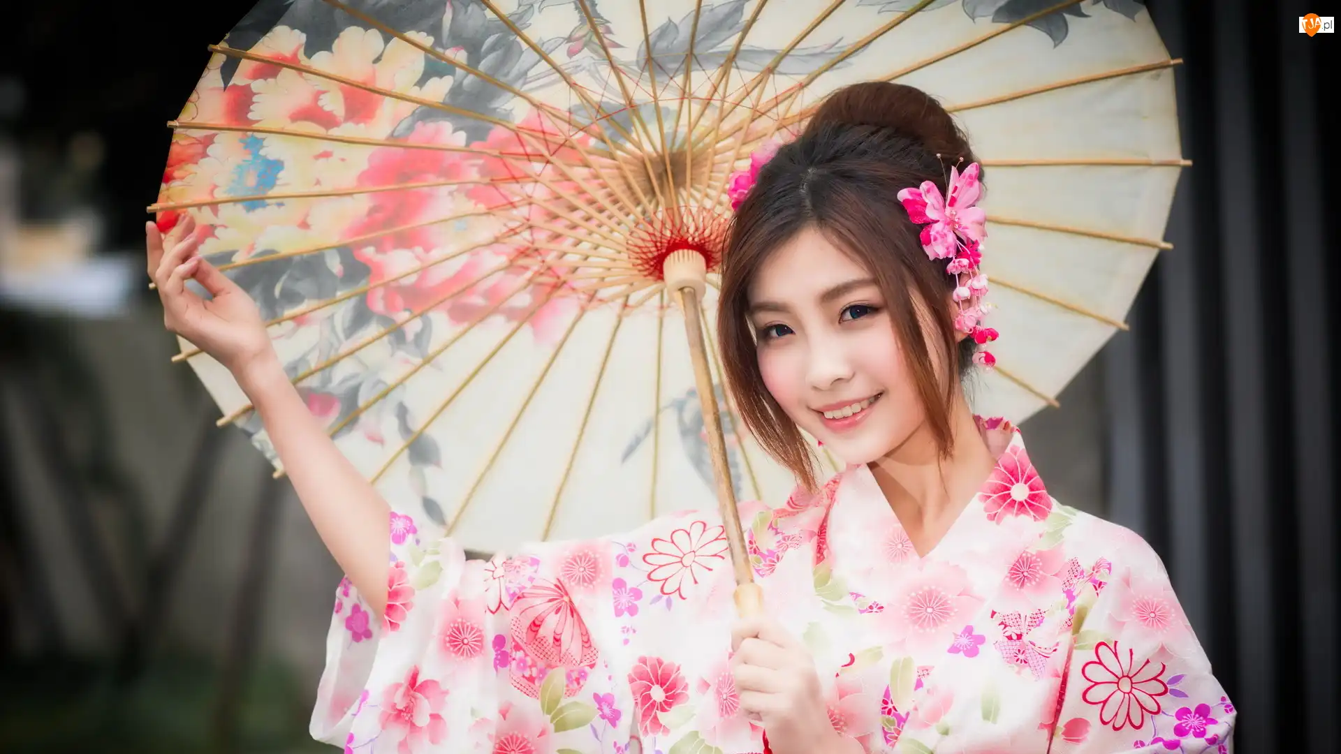 Kimono, Uśmiech, Japonka, Kobieta, Parasolka