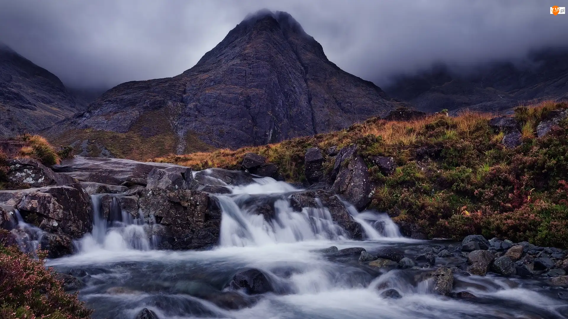Rośliny, Góra, Rzeka, Wyspa Skye, Cuillin Hills, River Brittle, Szkocja, Skały