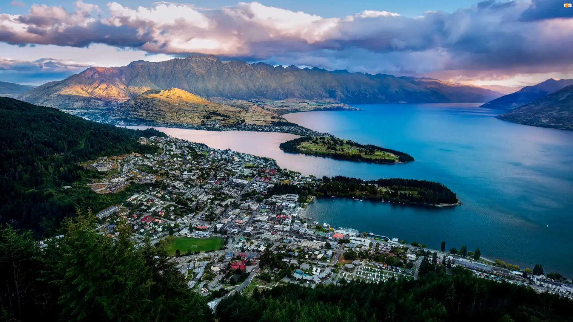 Nowa Zelandia, Jezioro Wakatipu, Panorama, Queenstown, Miasto, Zatoka, Góry