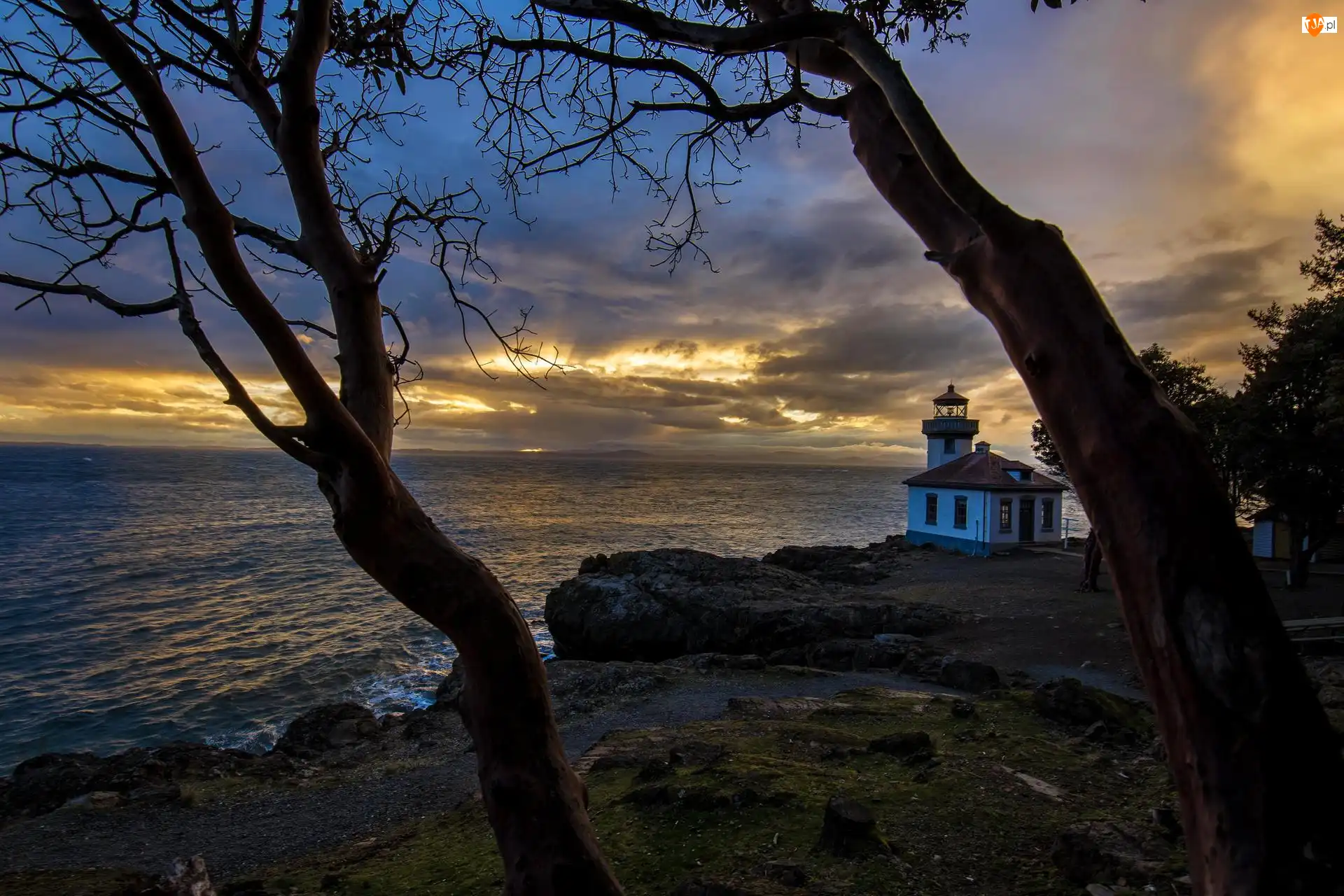 Stany Zjednoczone, Lime Kiln Lighthouse, Stan Waszyngton, Zachód słońca, Wyspa San Juan, Morze, Drzewa, Latarnia morska, Chmury