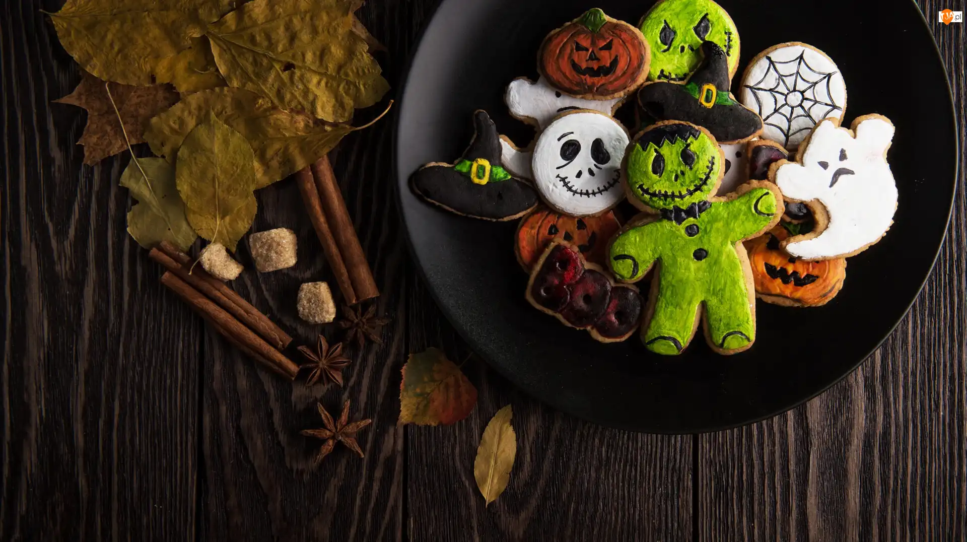 Talerz, Halloween, Ciasteczka, Liście