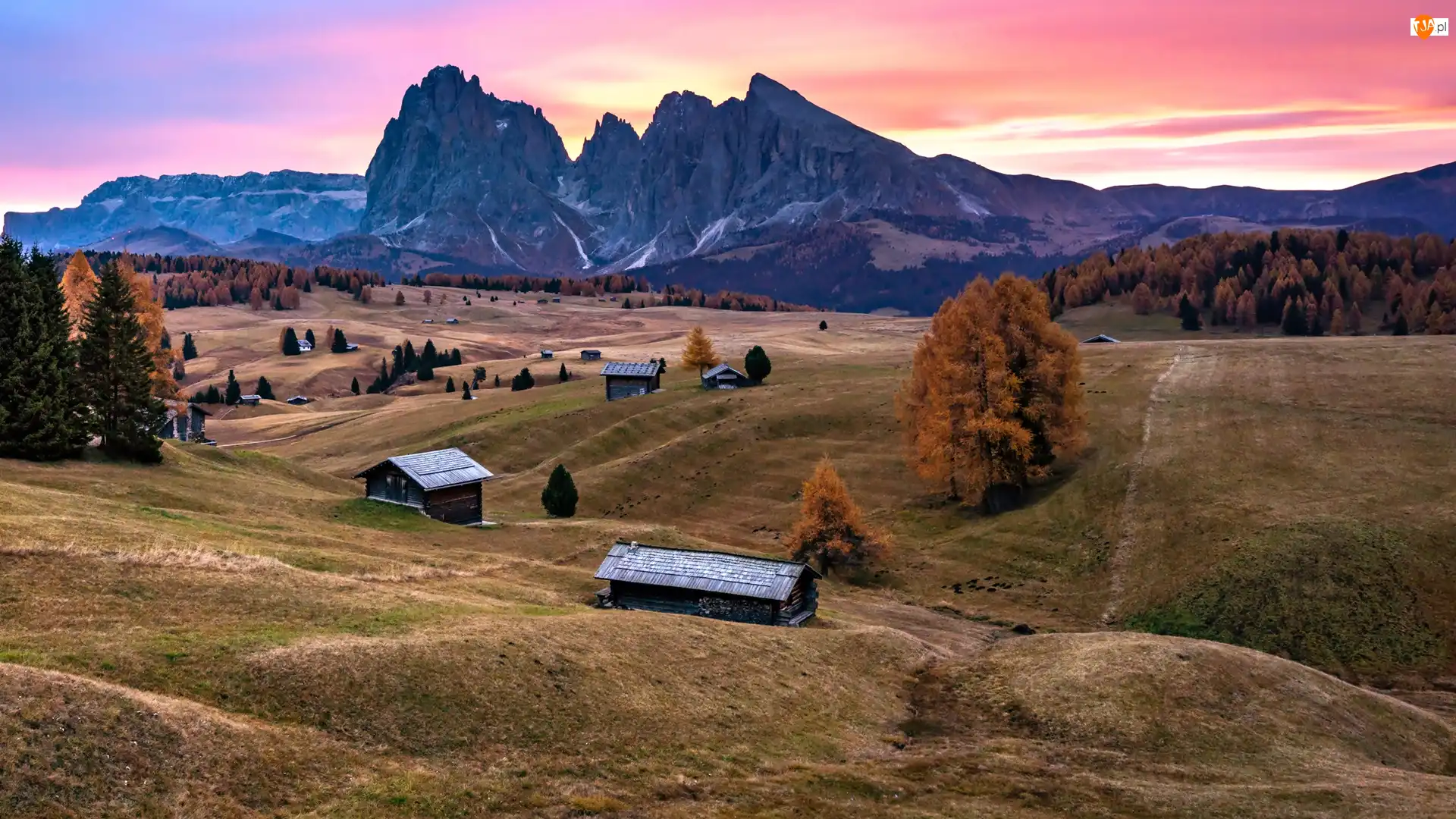 Jesień, Dolomity, Wschód słońca, Drzewa, Domy, Dolina, Góry, Sassolungo, Drewniane, Val Gardena, Włochy, Seiser Alm, Płaskowyż