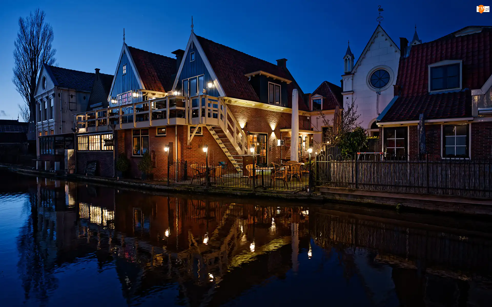 Gmina Alkmaar, Holandia, Domy, Kanał, De Rijp, Noc