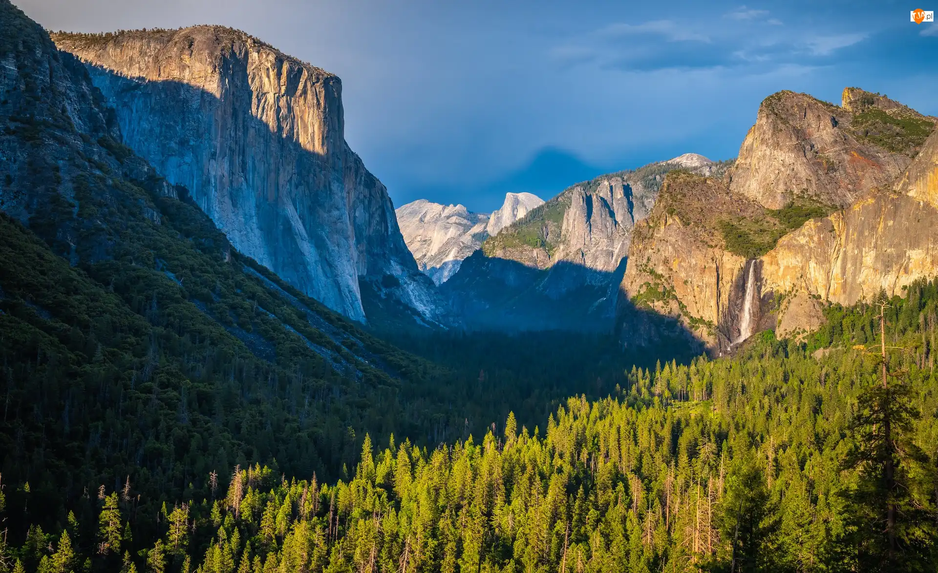 Park Narodowy Yosemite, Dolina, Wodospad, Stany Zjednoczone, Yosemite Valley, Las, Kalifornia, Góry