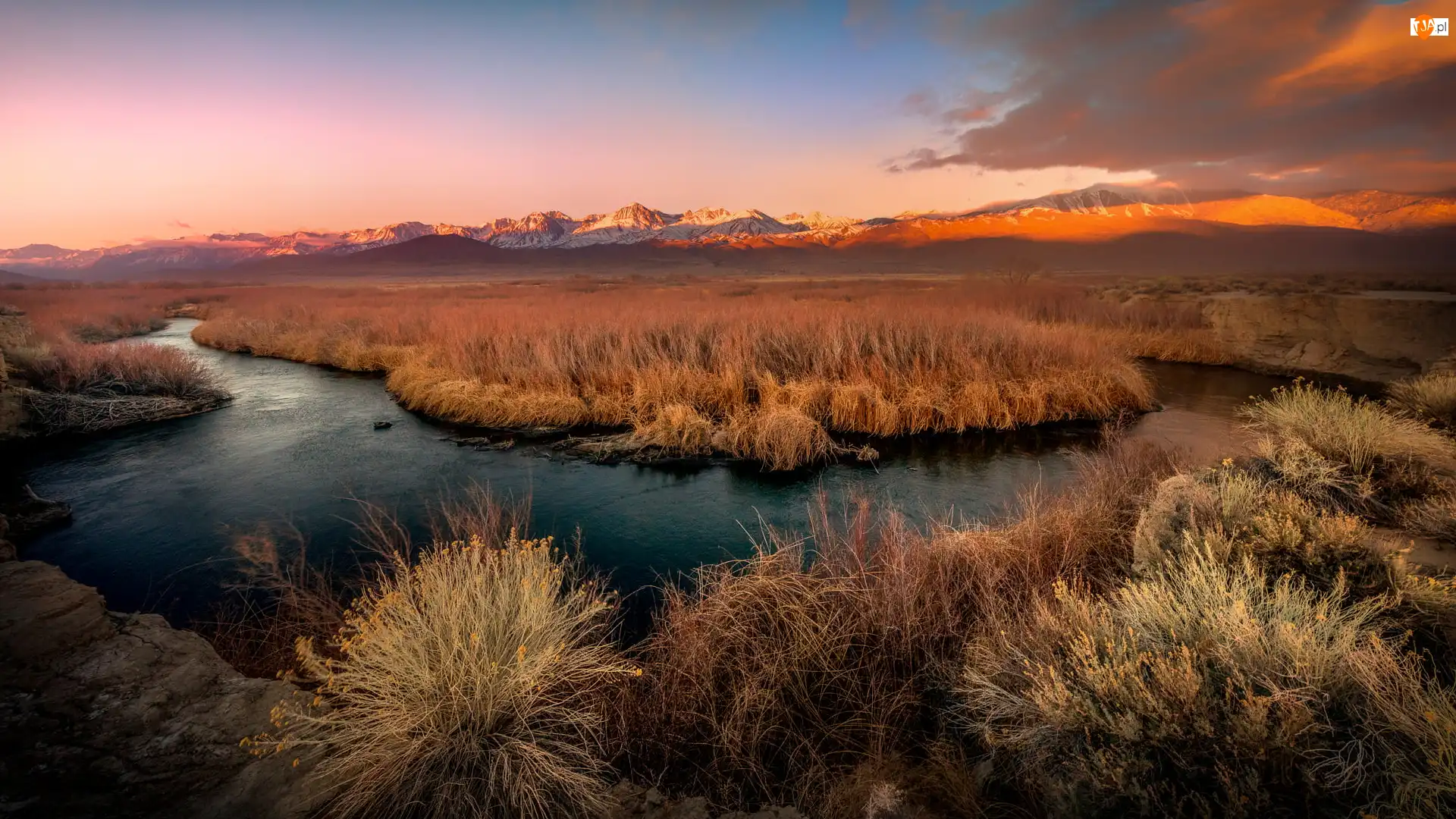 Stany Zjednoczone, Dolina Owens, Kalifornia, Góry, Region Eastern Sierra, Rzeka, Owens River, Wschód słońca, Trawy