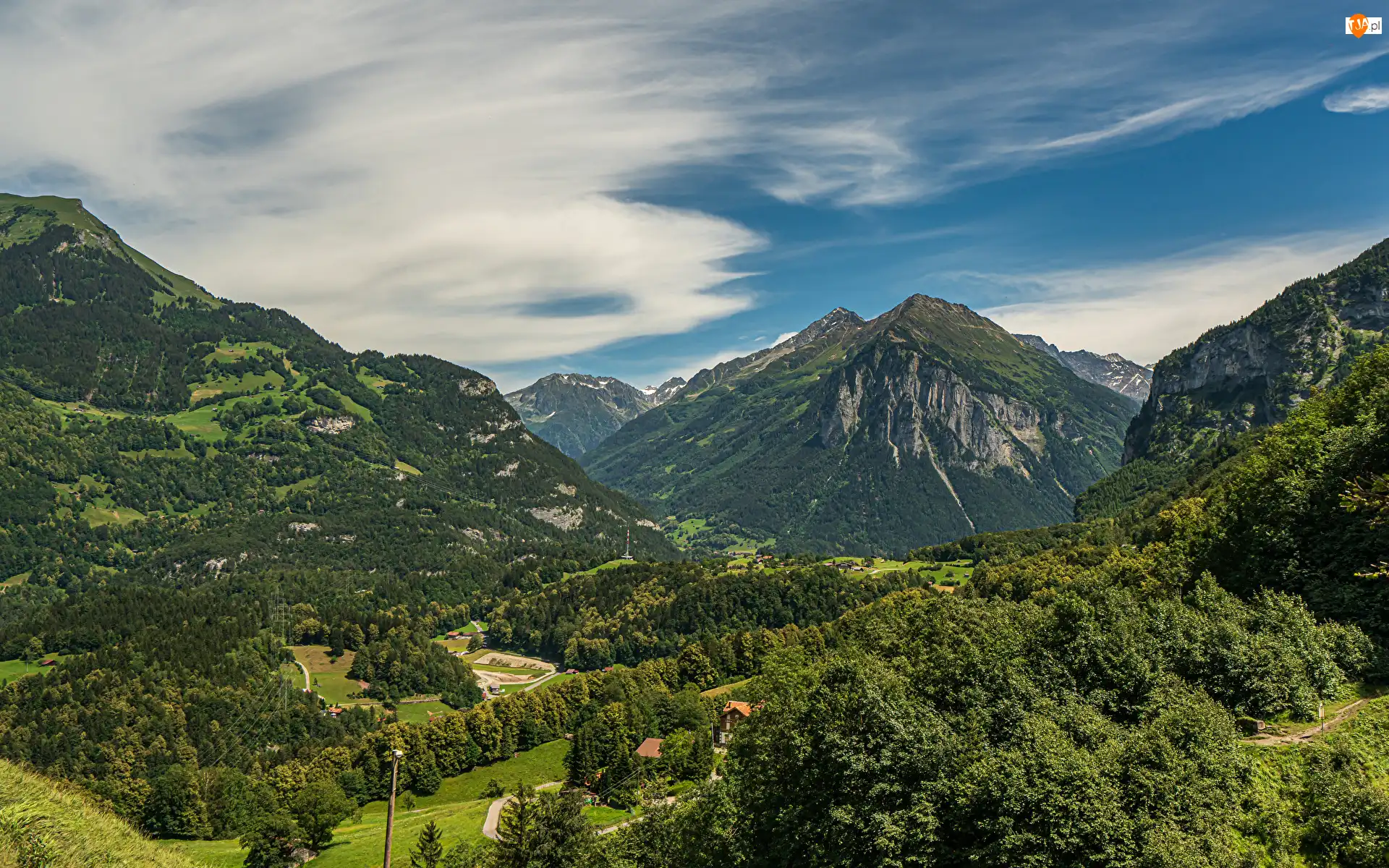 Szwajcaria, Alpy, Kanton Berno, Domy, Meiringen, Lasy, Drzewa, Góry, Dolina