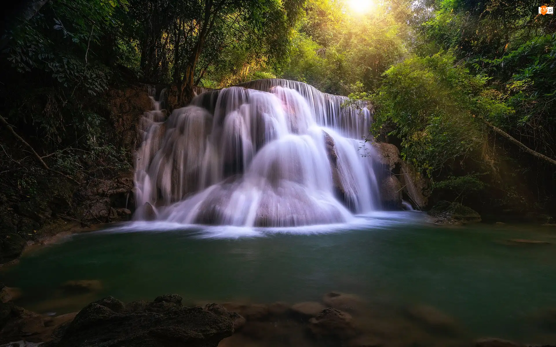 Kaskada, Prowincja Kanchanaburi, Skały, Khwae Yai, Drzewa, Wodospad, Huay Mae Khamin Waterfall, Tajlandia, Rzeka