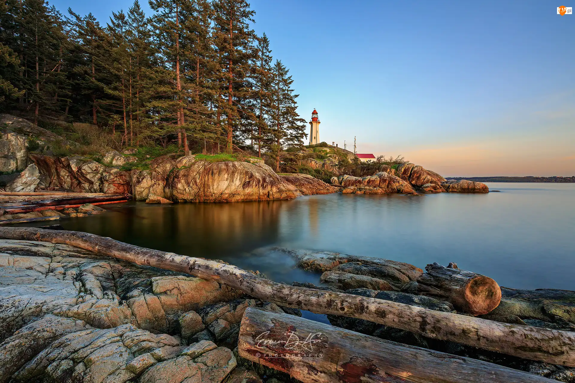 Drzewa, Skały, Cieśnina Strait of Georgia, Kanada, Latarnia morska Point Atkinson, Vancouver