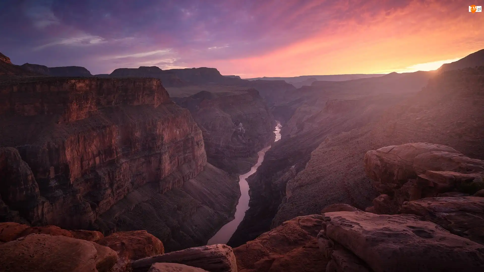 Wielki Kanion Kolorado, Park Narodowy Wielkiego Kanionu, Rzeka Kolorado, Stany Zjednoczone, Grand Canyon, Zachód słońca