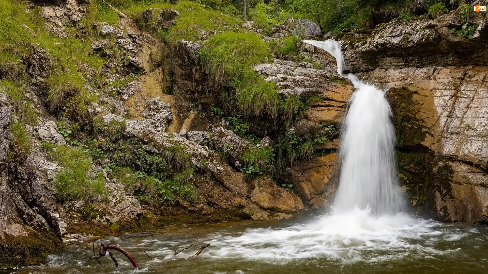 Kuhaway Waterfall, Wodospad, Niemcy, Rośliny, Bawaria, Skały