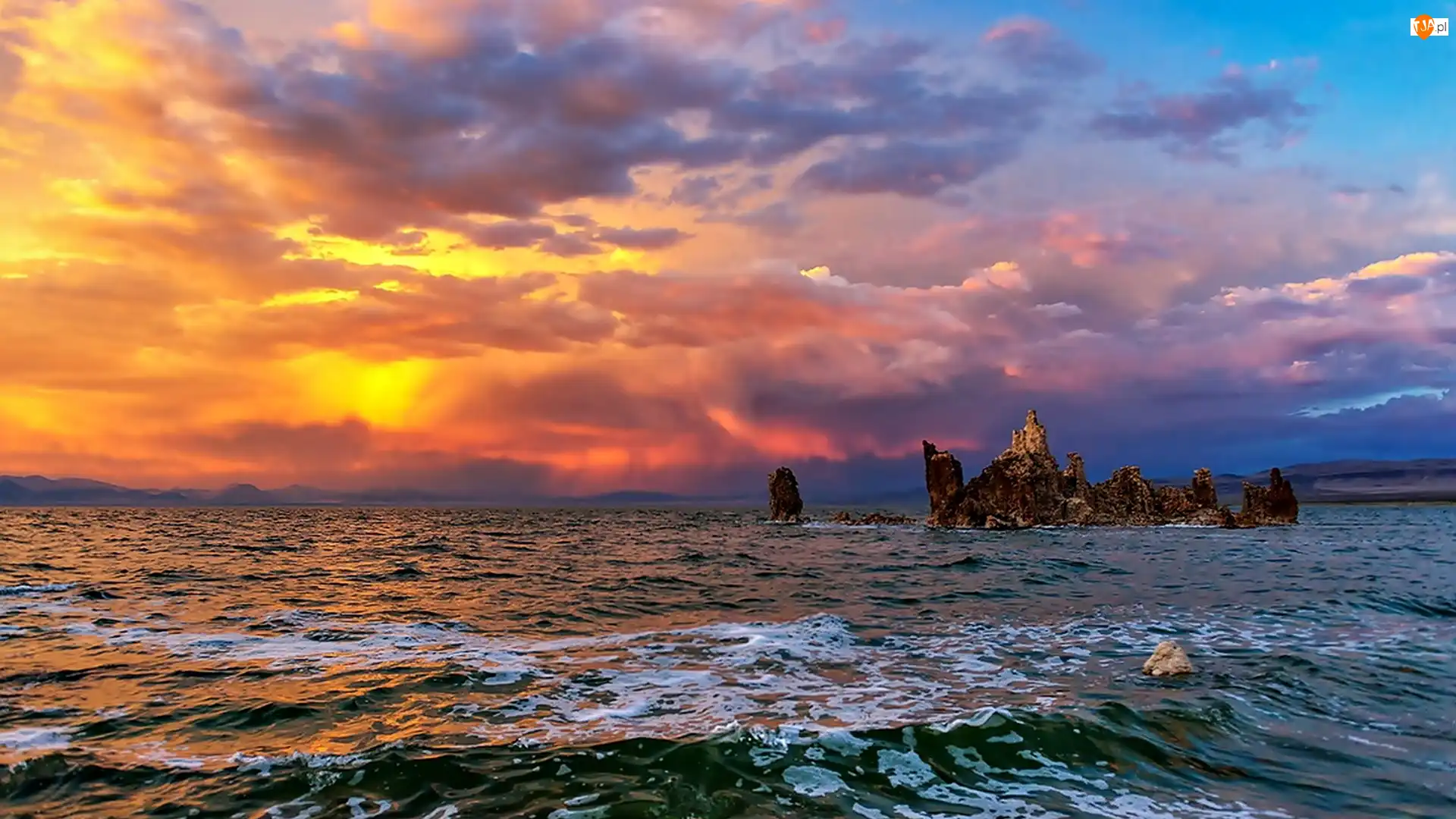 Skały, Ocean, Zachód Słońca, Fale