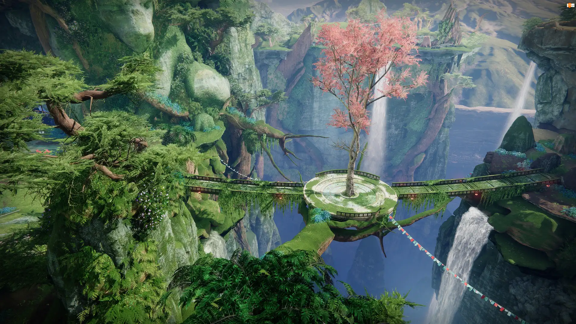 Destiny 2 The Final Shape, Gra, Most, Wodospad, Skały, Drzewo