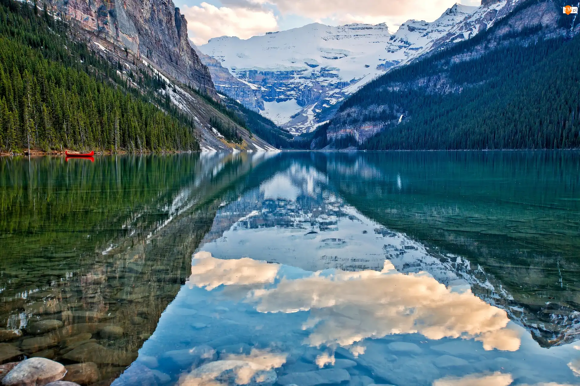 Park Narodowy Banff, Kanada, Kajak, Jezioro Lake Louise, Chmury, Odbicie, Góry