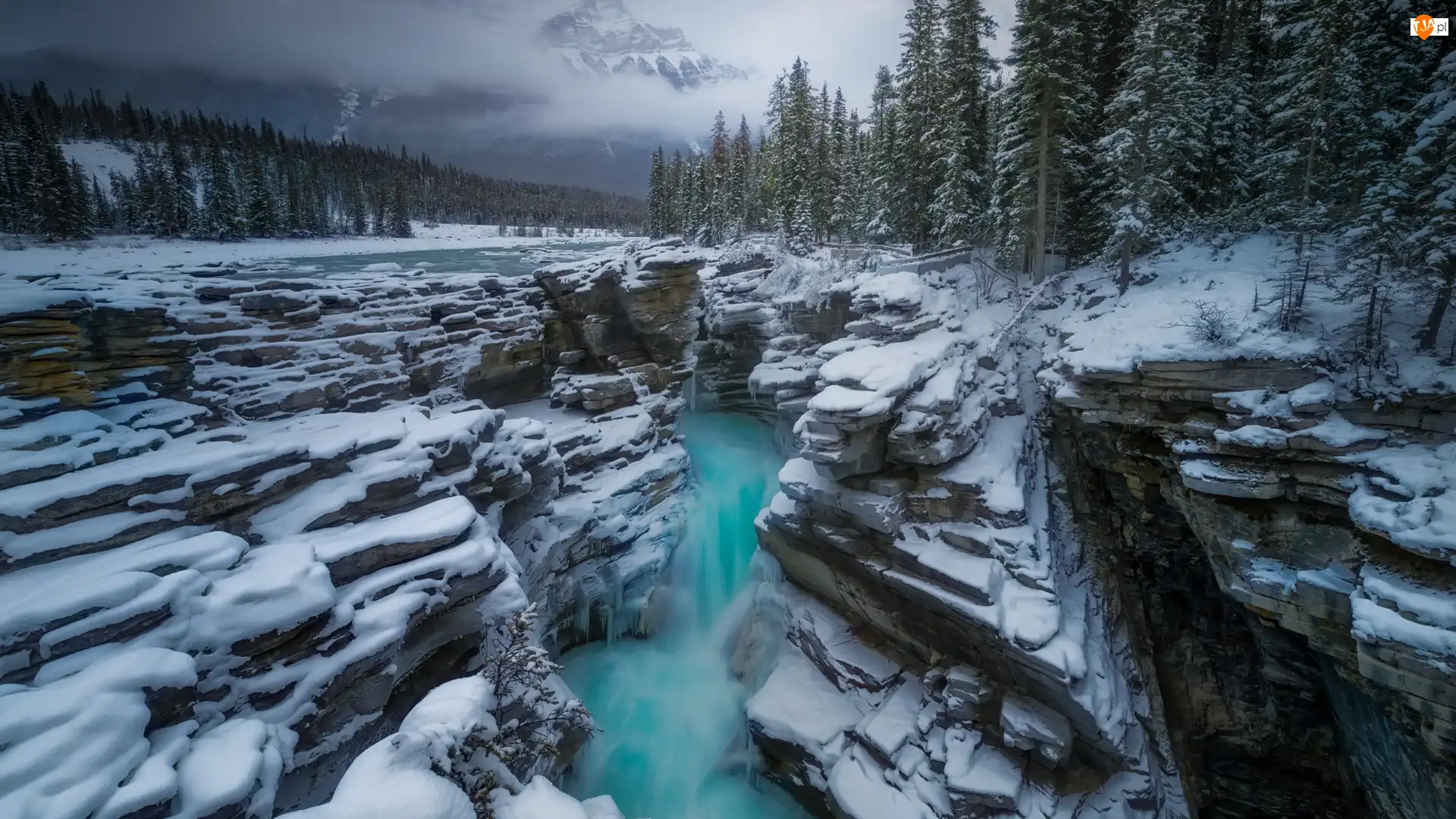Park Narodowy Jasper, Skały, Kanada, Zima, Alberta, Wodospad, Rzeka Athabasca