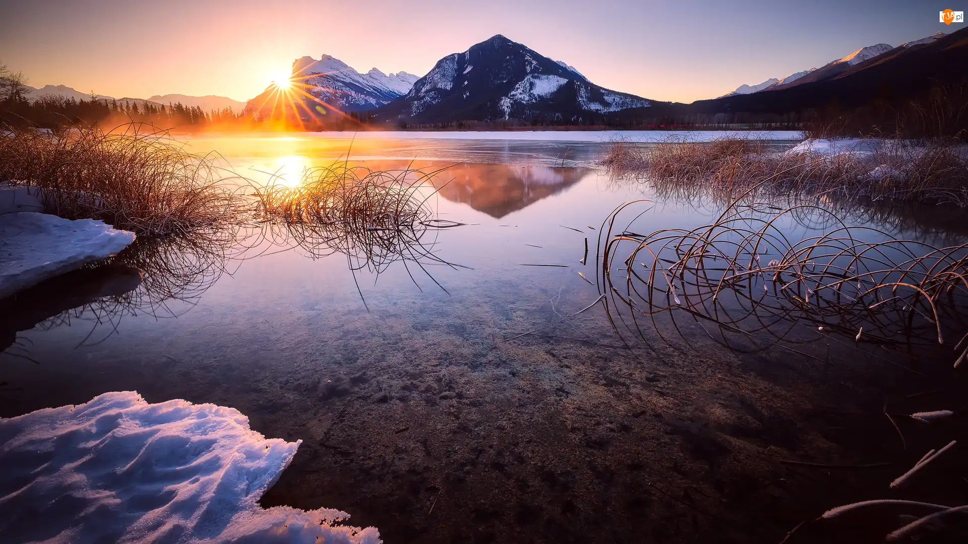 Góry, Park Narodowy Banff, Trawy, Kanada, Jezioro Vermilion Lake, Zima