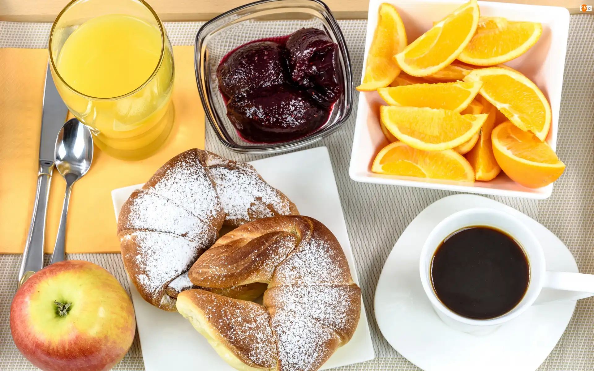 Kawa, Rogaliki, Jabłko, Śniadanie, Pomarańcze, Sok, Dżem