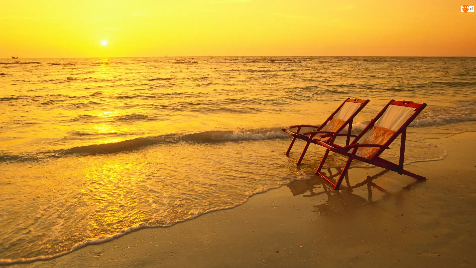 Plaża, Zachód, Wakacje, Morze, Leżaki, Dwa, Słońca