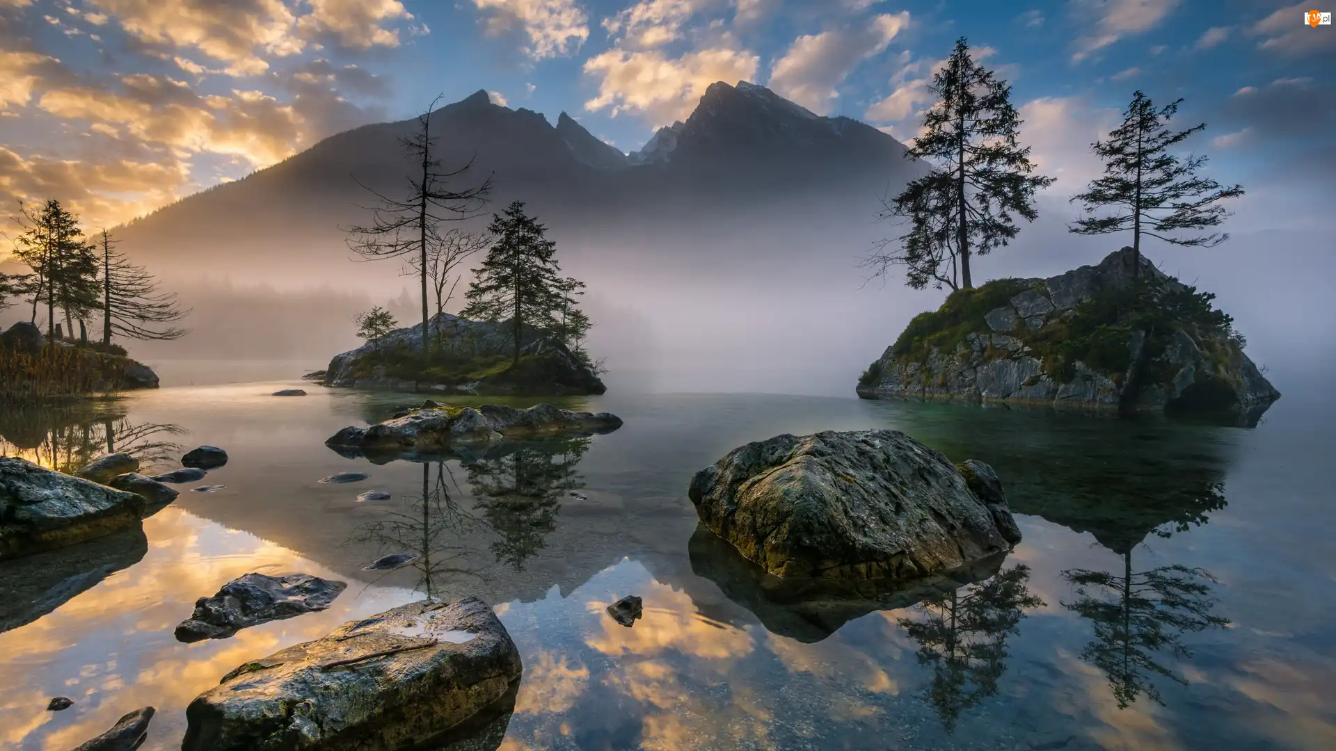 Niemcy, Skały, Bawaria, Kamienie, Mgła, Wysepki, Drzewa, Jezioro Hintersee, Góry Alpy