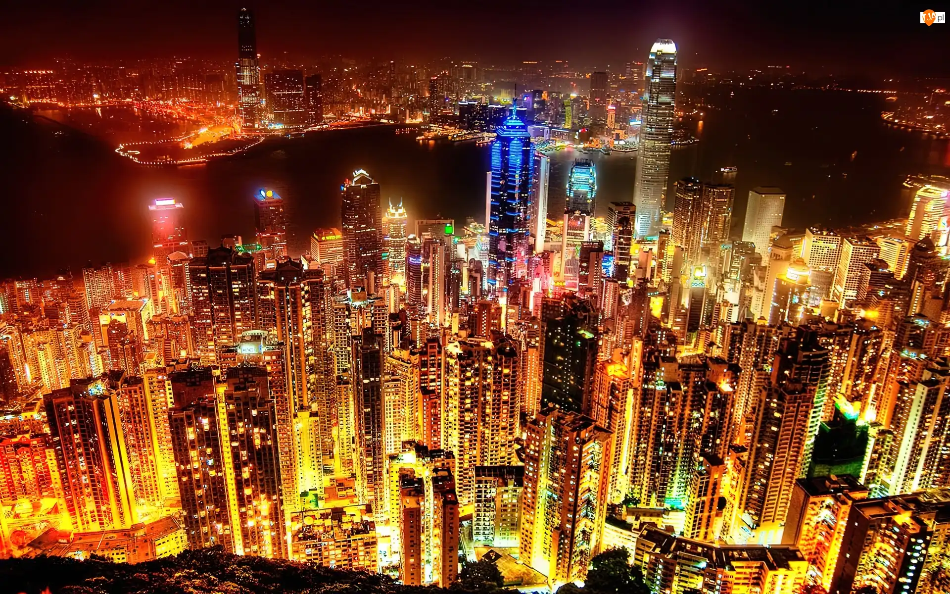 Wieżowce, Hong Kong, Noc, Światła