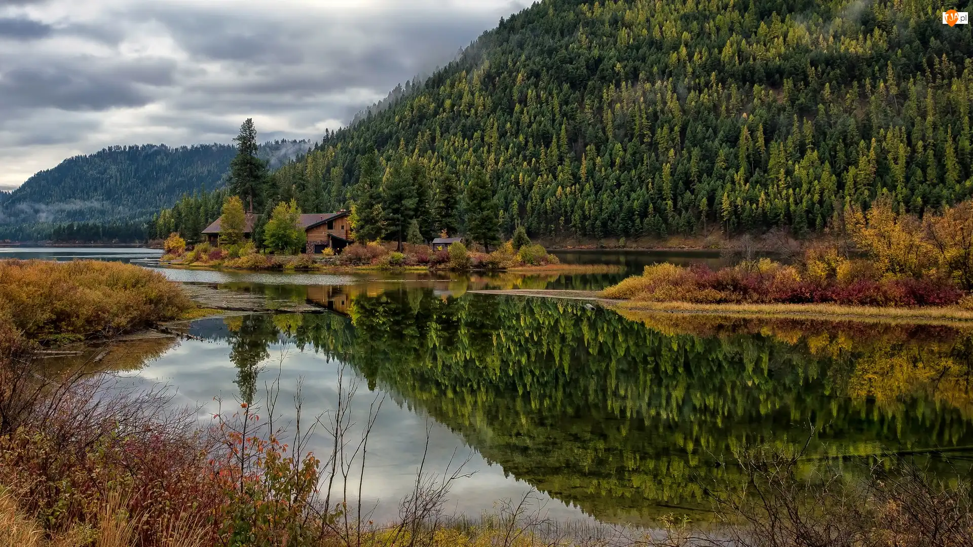 Stany Zjednoczone, Góry, Stan Montana, Jezioro, Salmon Lake, Las, Drzewa, Zalesione, Domy