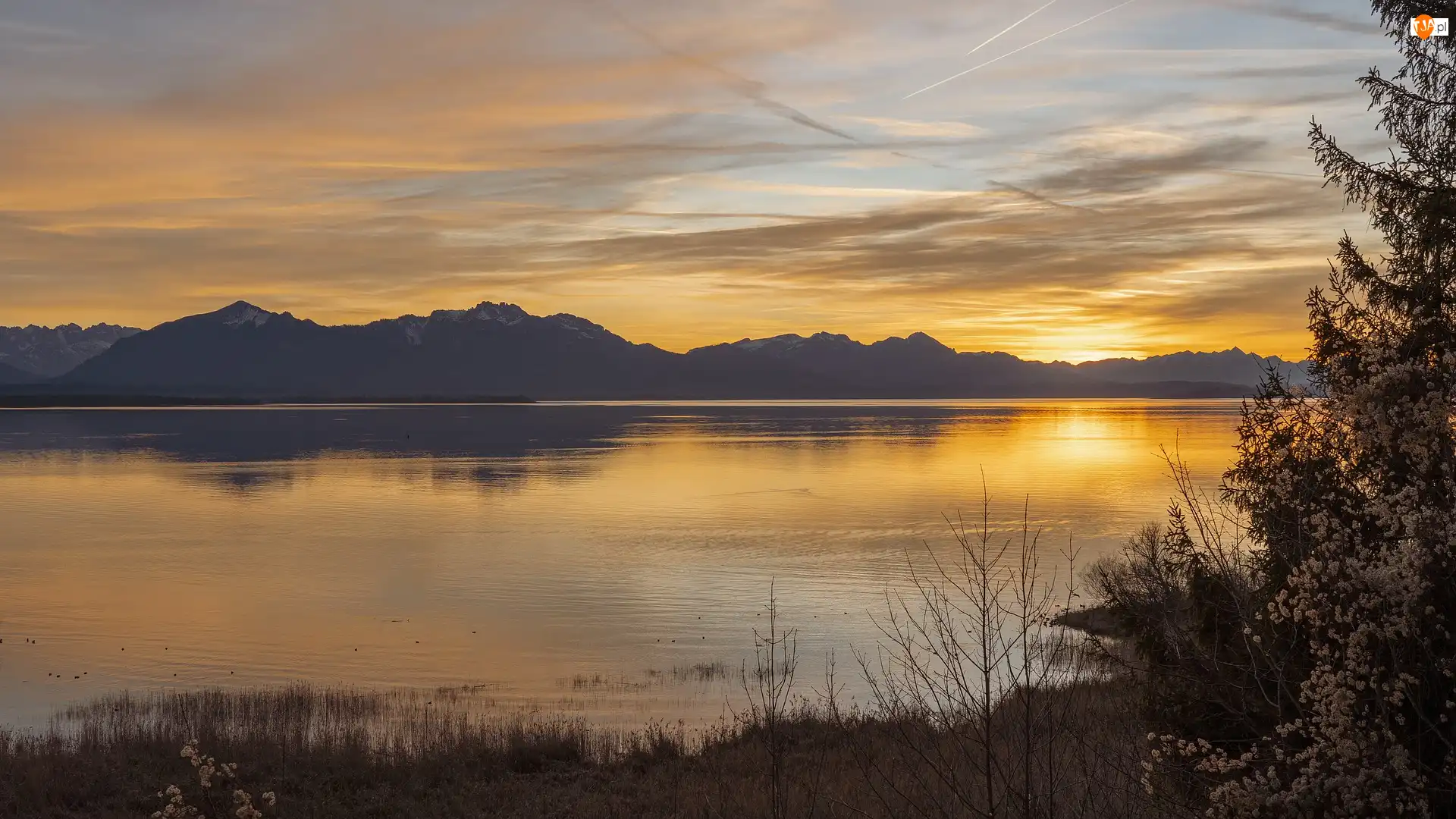 Jezioro Chiemsee, Zachód słońca, Drzewa, Niemcy, Góry, Bawaria