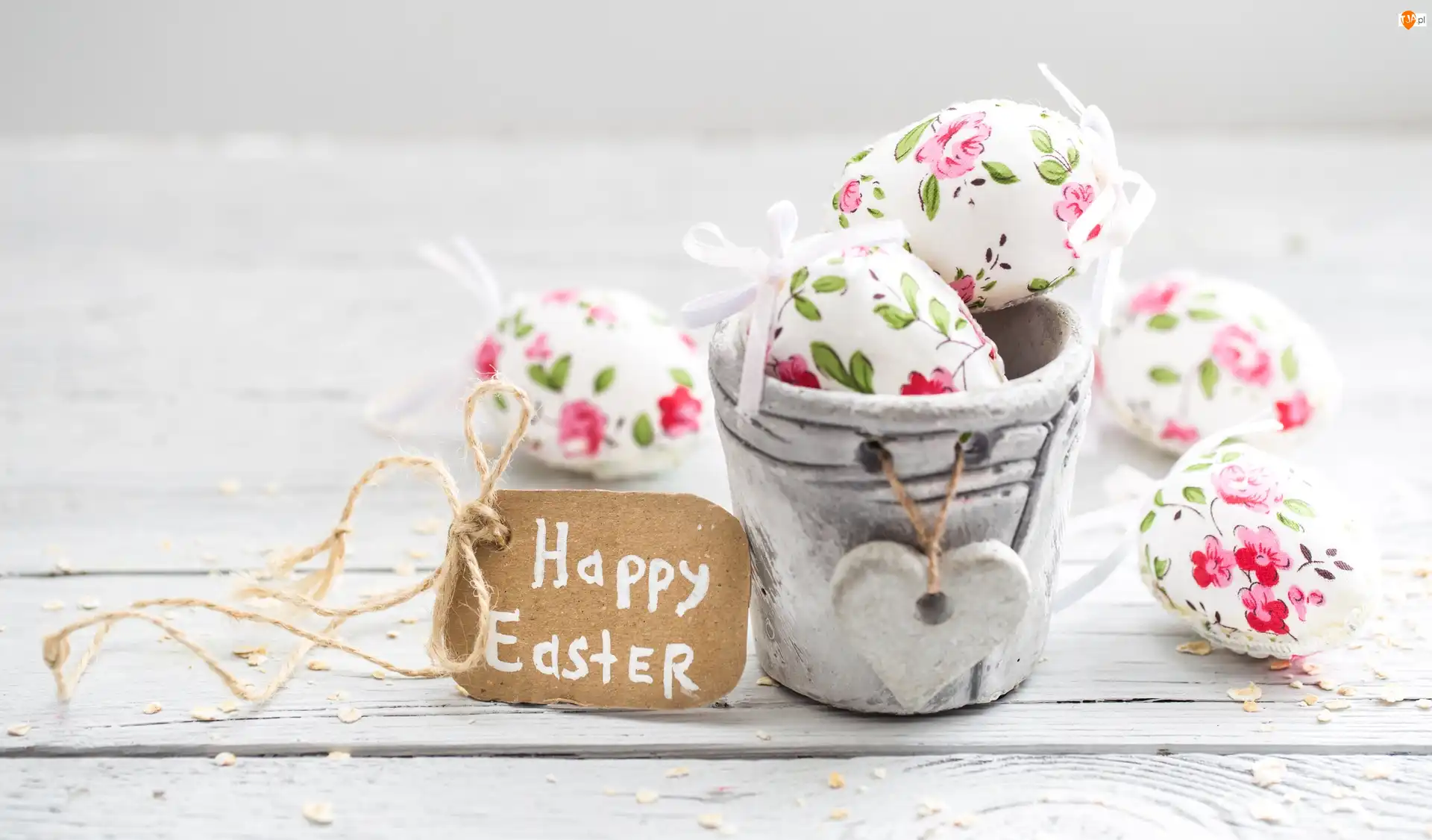 Napis, Wielkanoc, Tekturka, Happy Easter, Pisanki, Sznurek, Deski, Doniczka