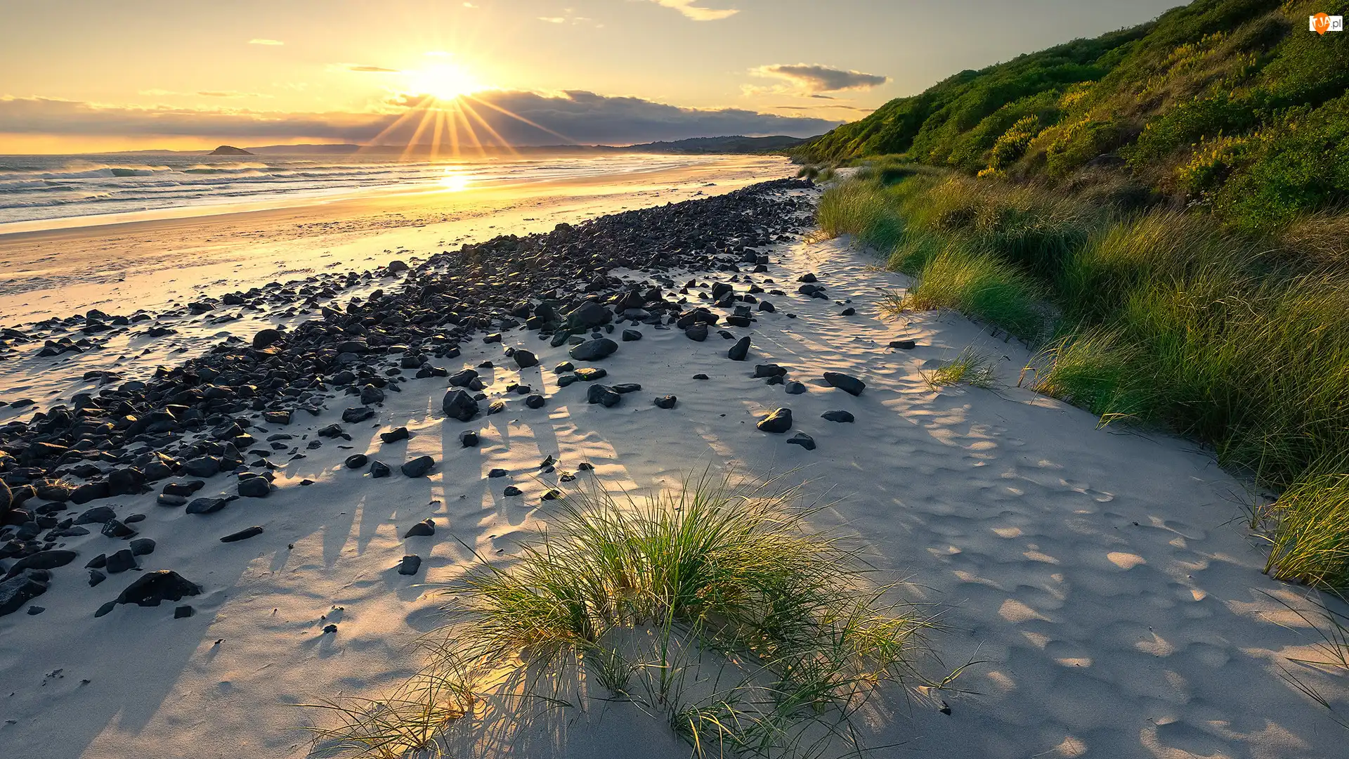 Morze, Wschód słońca, Kamienie, Skarpa, Plaża, Trawa