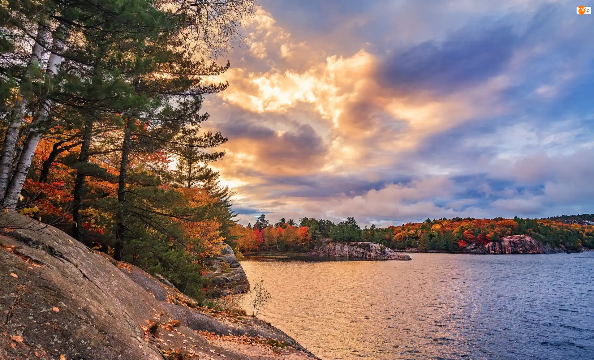 Drzewa, Kanada, Jezioro, Chmury, Prowincja Ontario, Jesień, Wschód słońca, Park miejski Killarney Provincial Park