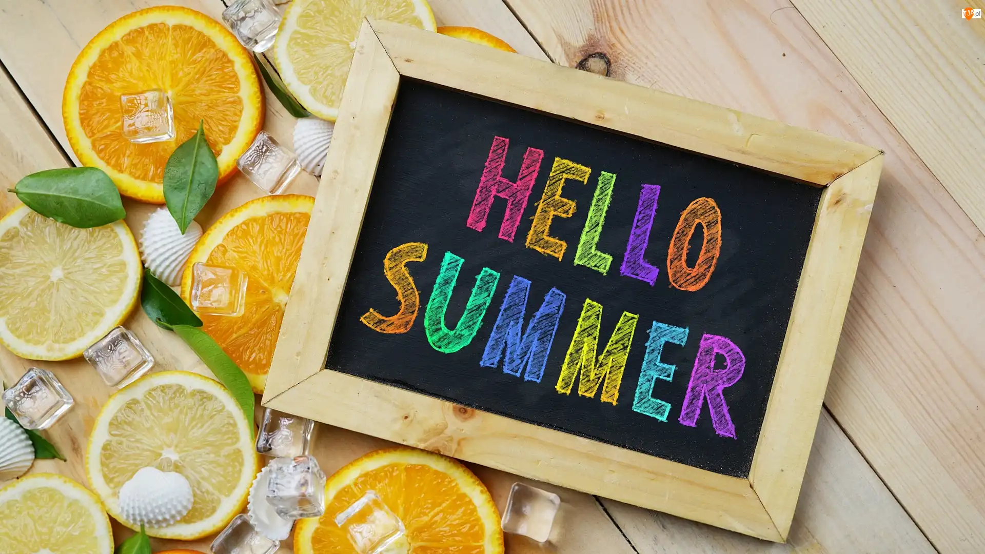 Deski, Kostki, Lodu, Plastry, Napis, Tabliczka, Muszelki, Hello Summer, Pomarańcze, Listki
