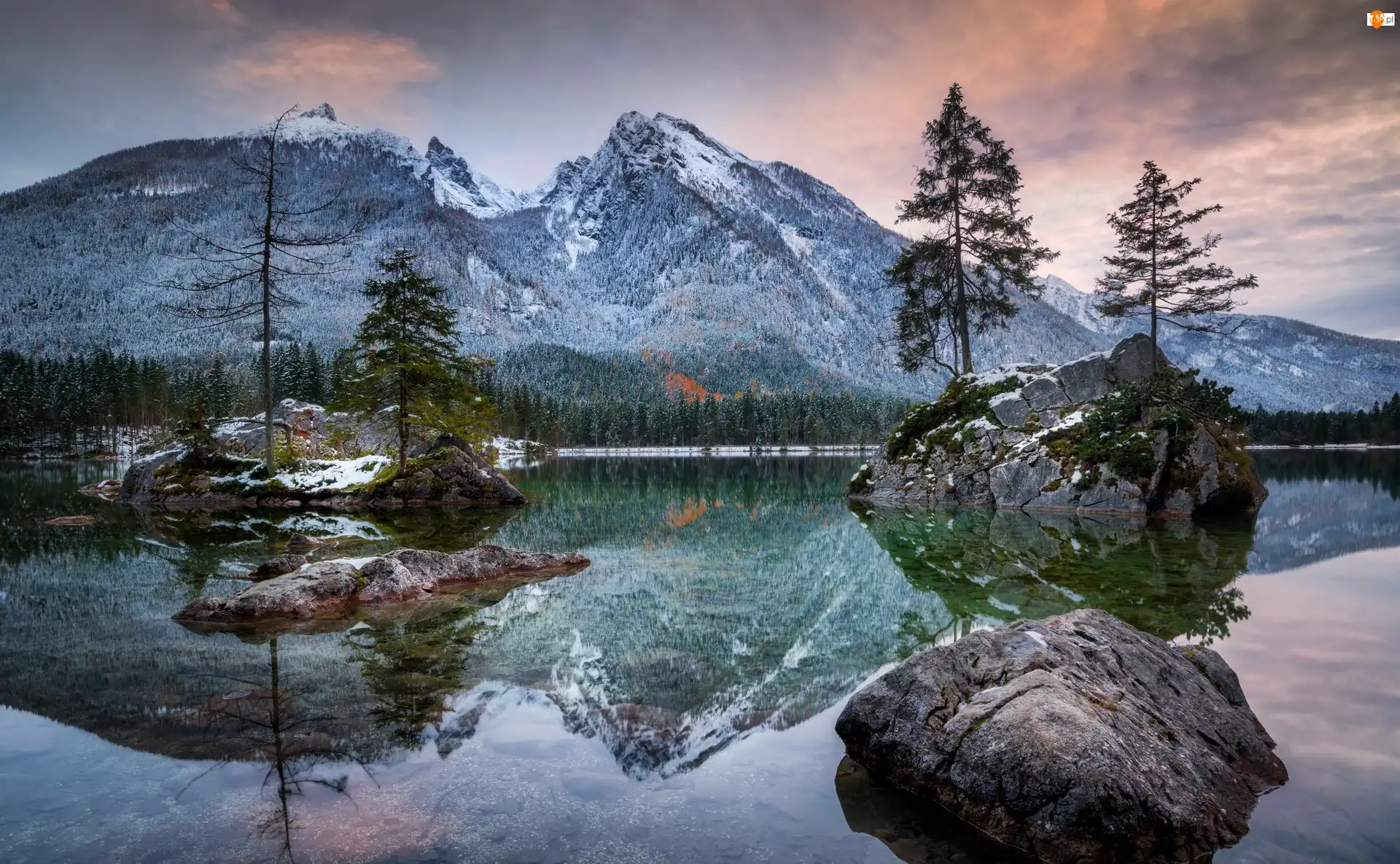 Świerki, Niemcy, Jezioro Hintersee, Śnieg, Bawaria, Skały, Odbicie, Góry Alpy