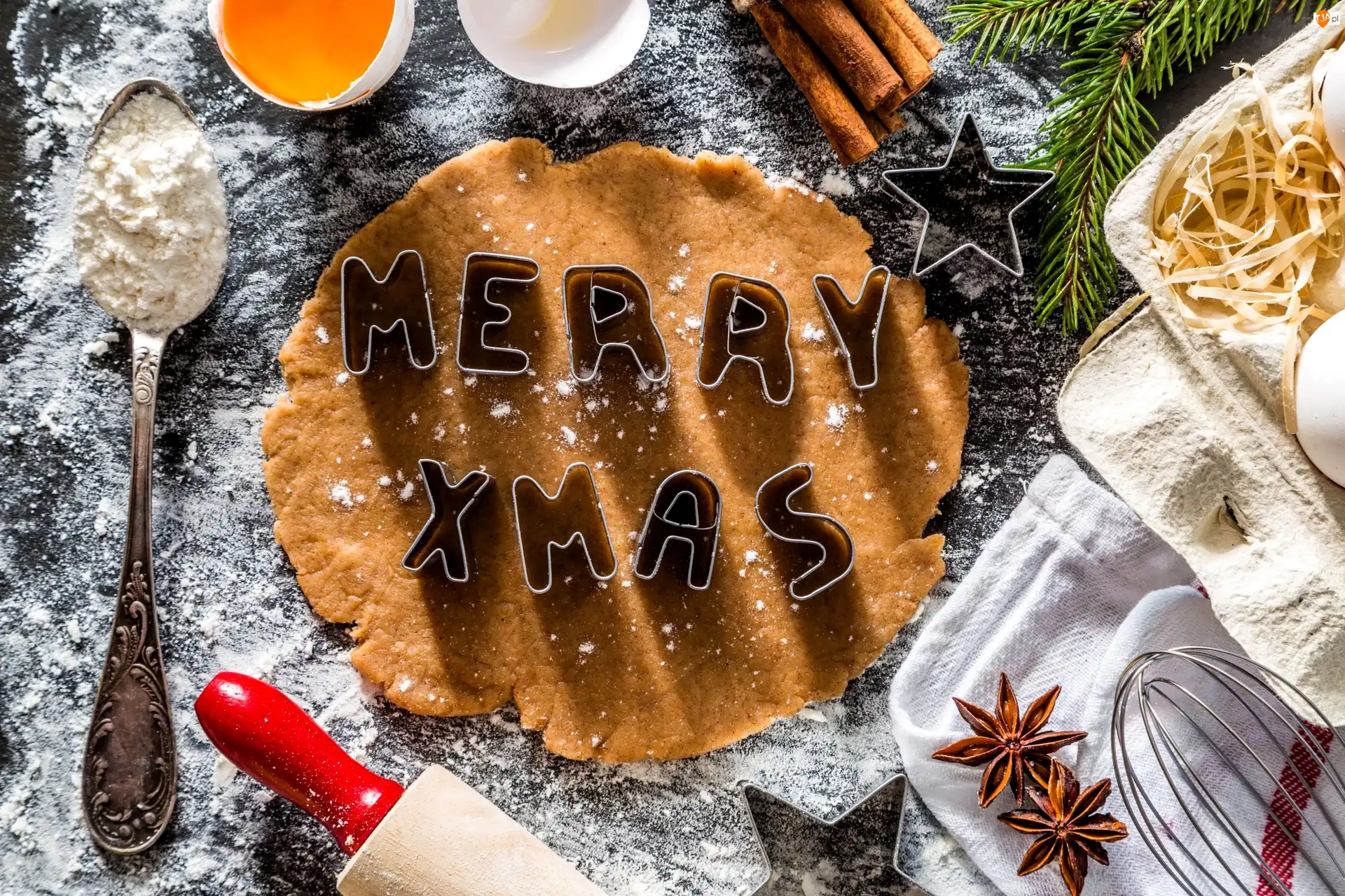 Wałek, Napis, Foremka, Łyżeczka, Anyż, Merry Xmas, Ciasto, Boże Narodzenie, Mąka