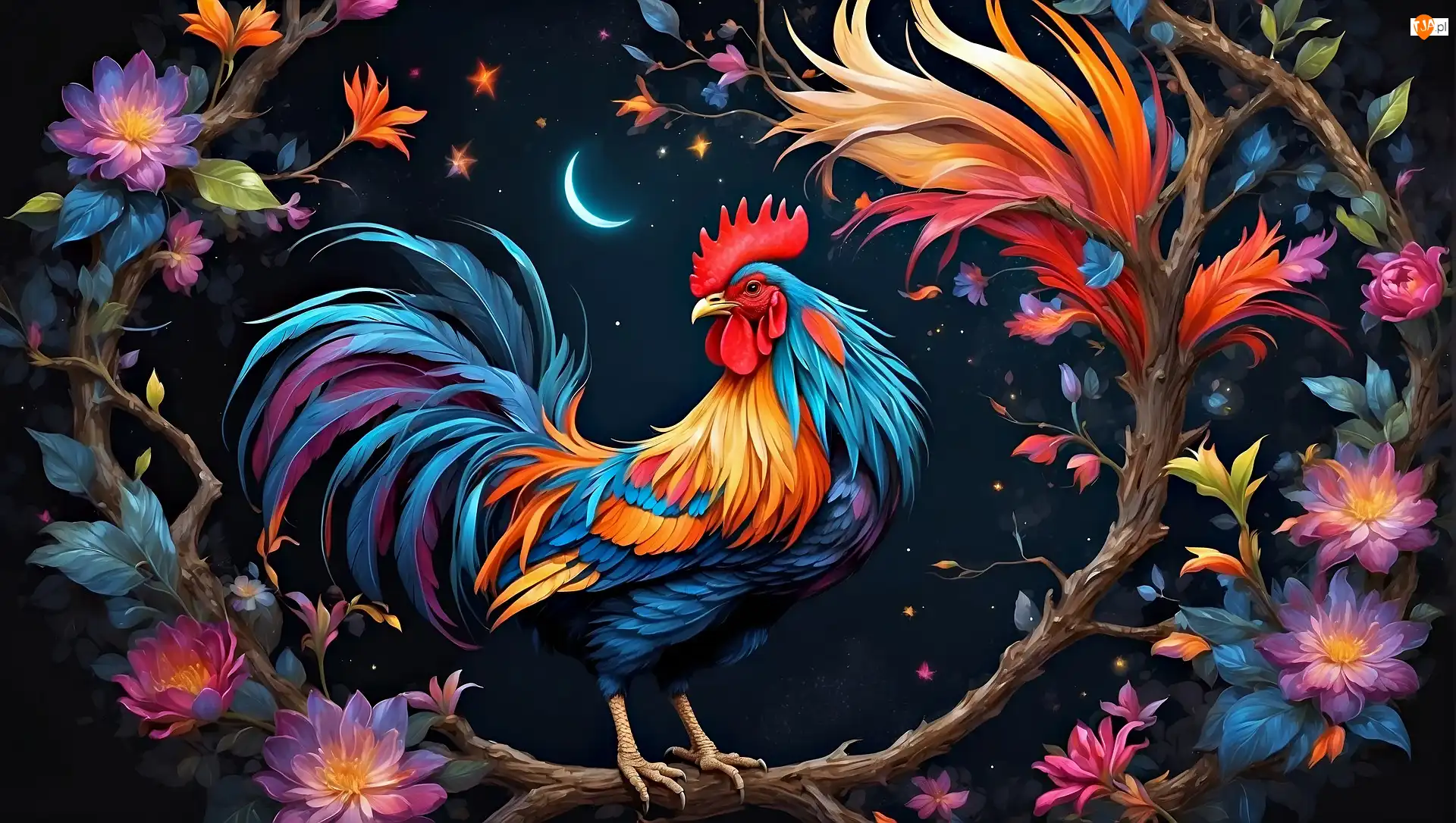 Grafika, Kogut, Kolorowy, Kwiaty