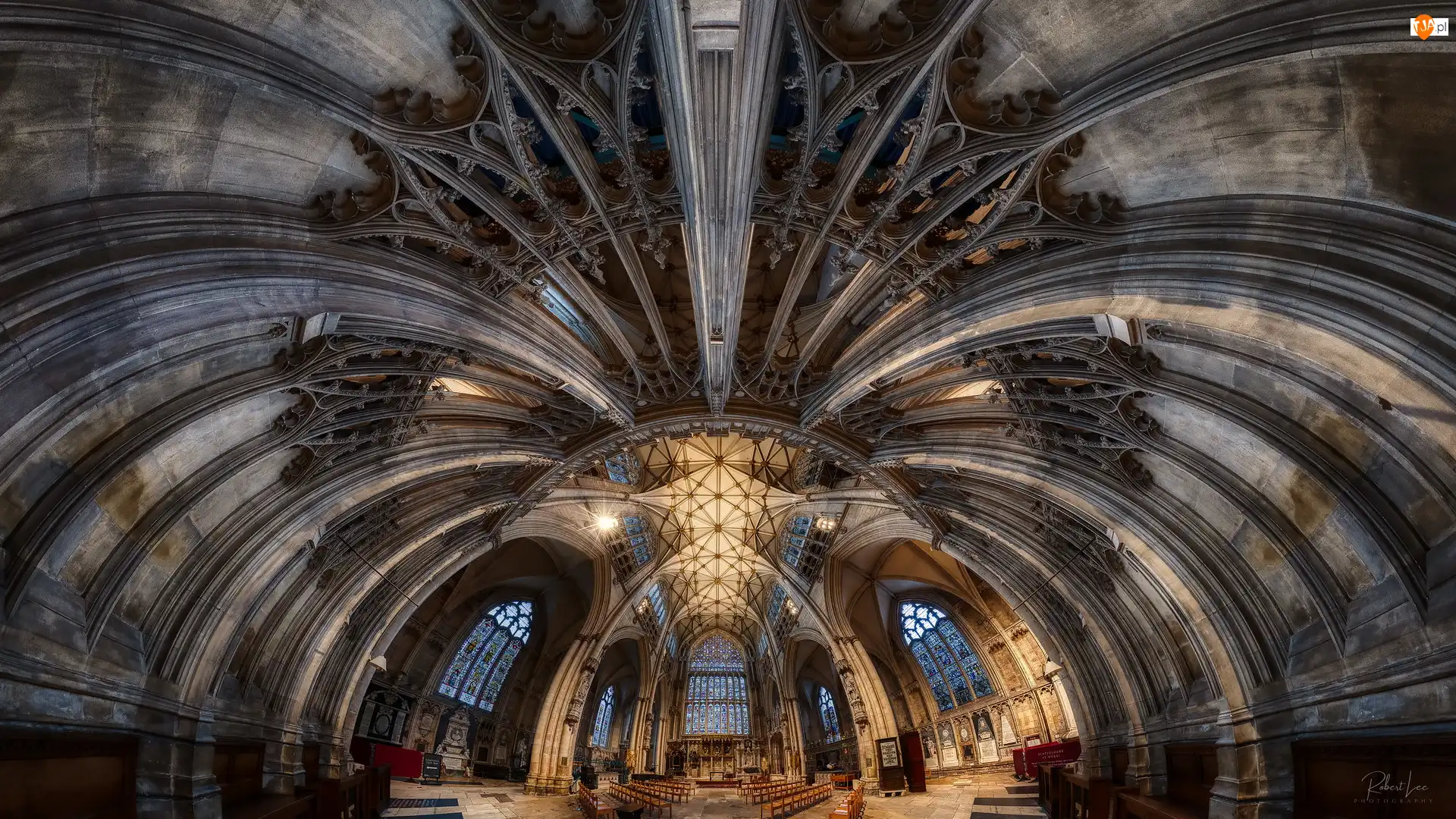 Kościół, Katedra York Minster, Anglia, Wnętrze, York, Panorama sferyczna, Sklepienie