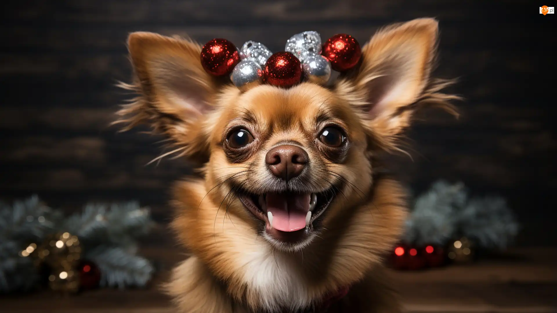 Chihuahua, Pies, Wianek, Gałązki, Mordka, Bombki