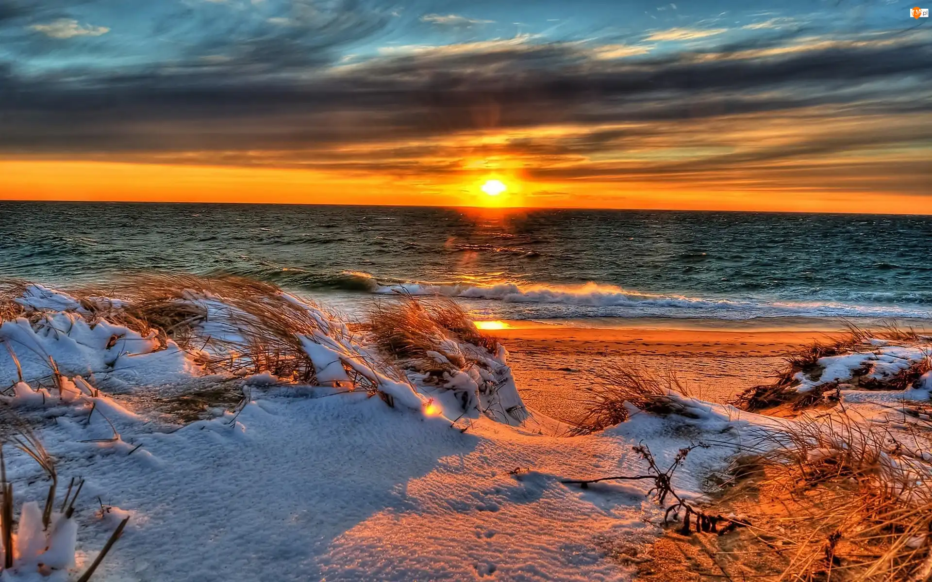 Śnieg, Morze, Wydmy, Plaża, Zachód Słońca