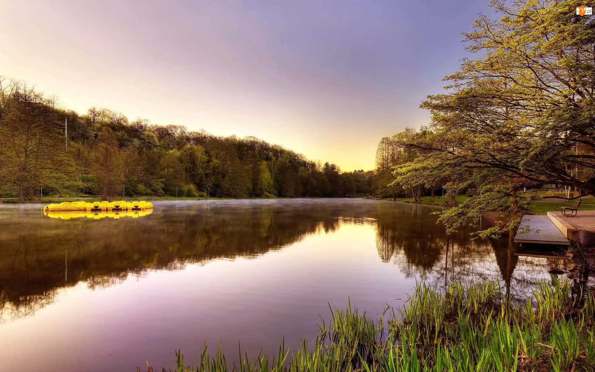 Jezioro, Park, Ławeczka, Słońca, Pomost, Wschód