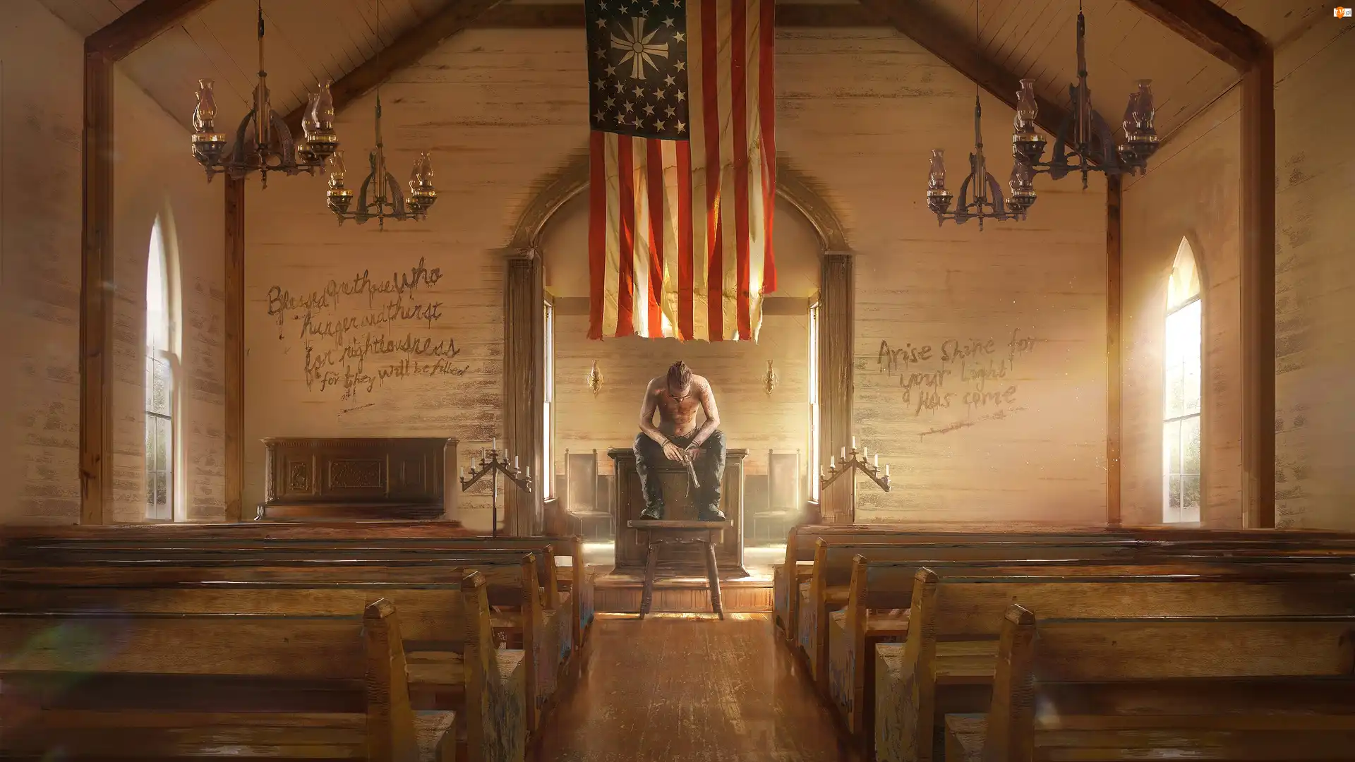 Kościół, Wnętrze, Flaga, Far Cry 5, Ławki