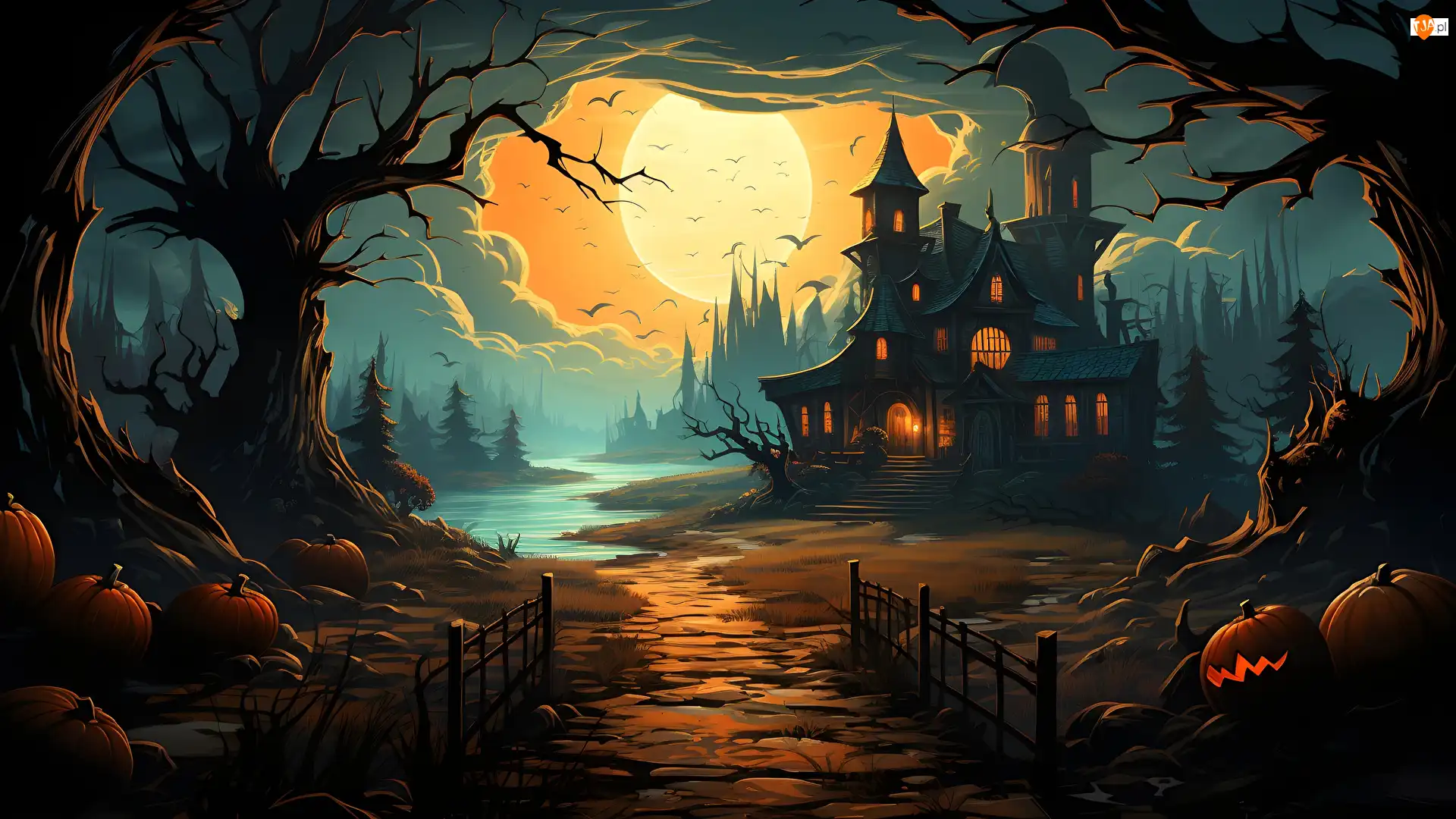 Noc, Księżyc, Dynie, Halloween, Drzewa, Droga, Zamek