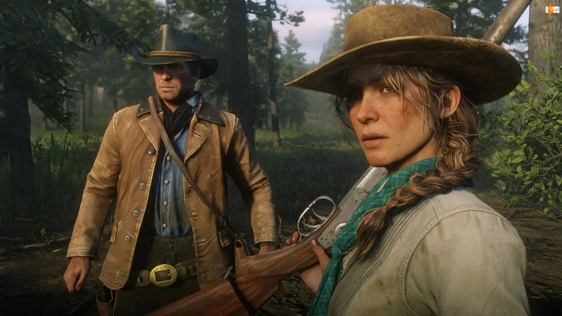 Red Dead Redemption 2, Arthur Morgan, Karabin, Gra, Kapelusz, Warkocz, Sadie Adler