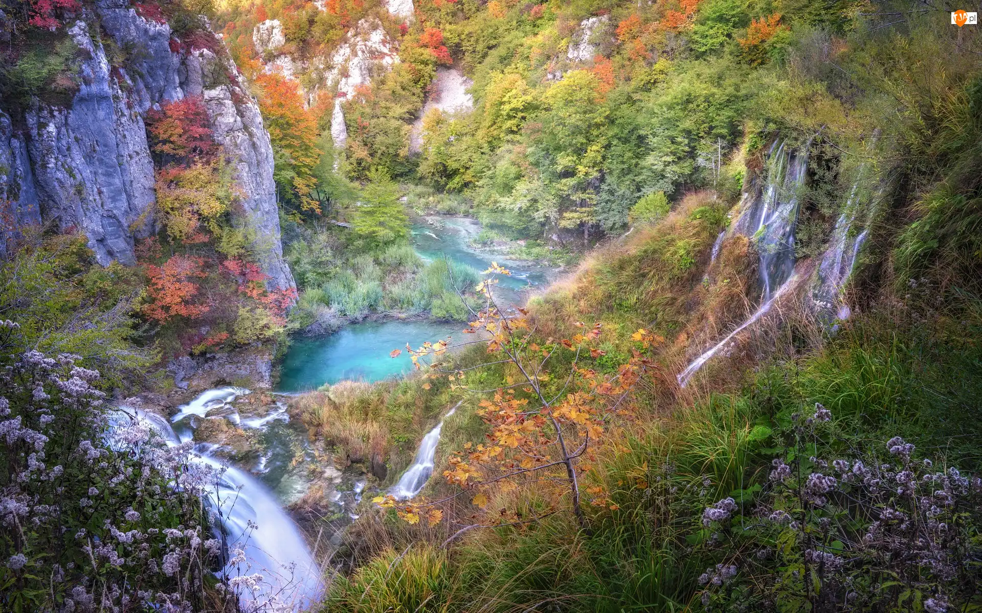 Drzewa, Skały, Chorwacja, Park Narodowy Jezior Plitwickich, Jesień, Wodospad, Rzeka