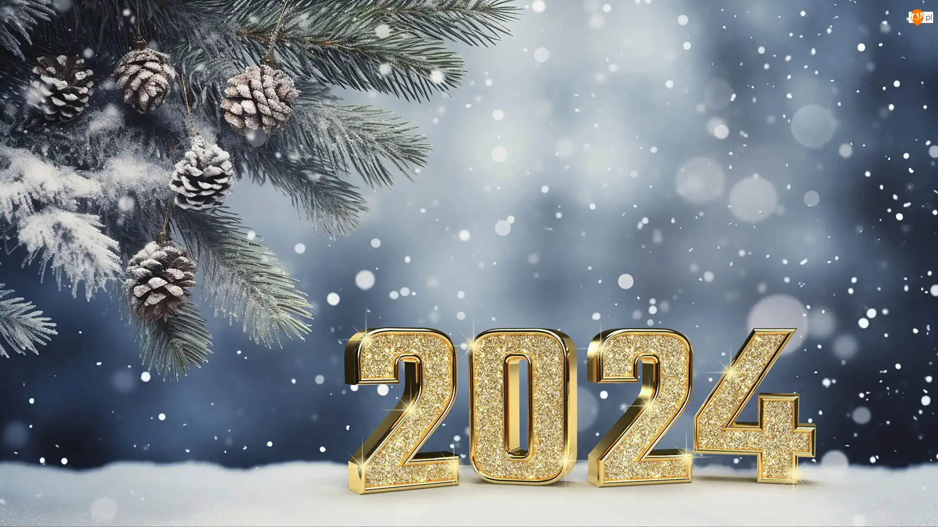 Gałązki, Szyszki, 2024, Ośnieżone, Nowy Rok, Cyfry, Złote