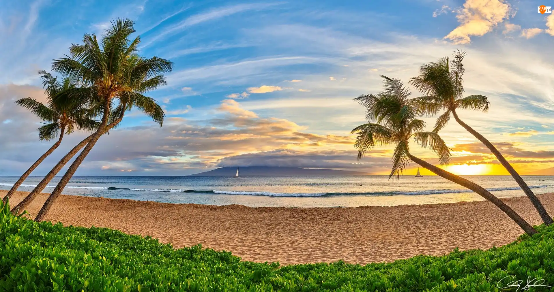 Wschód słońca, Hawaje, Palmy, Chmury, Wyspa Maui, Roślinność, Żaglówki, Plaża Kaanapali Beach