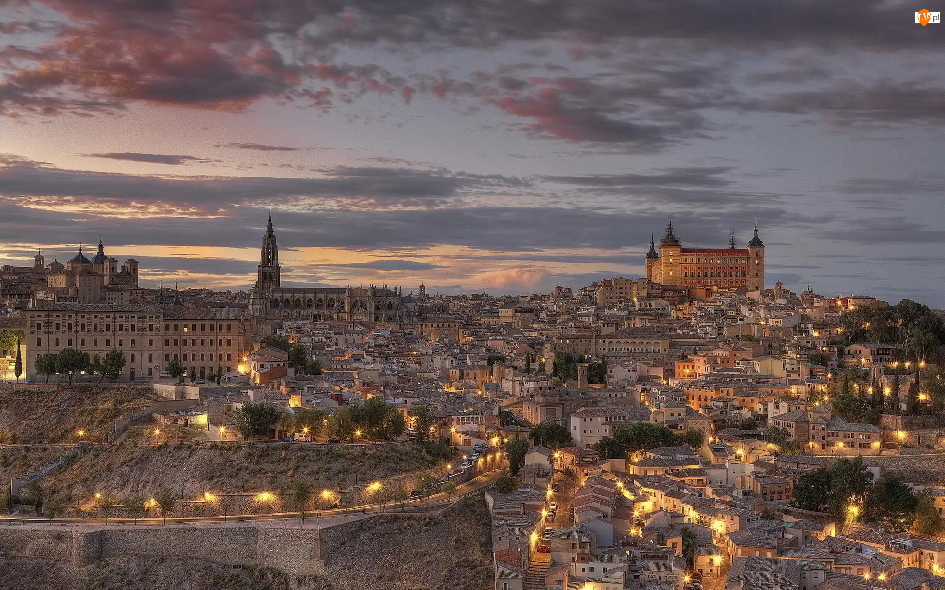 Panorama, Toledo, Światła, Hiszpania, Miasta, Zmierzch