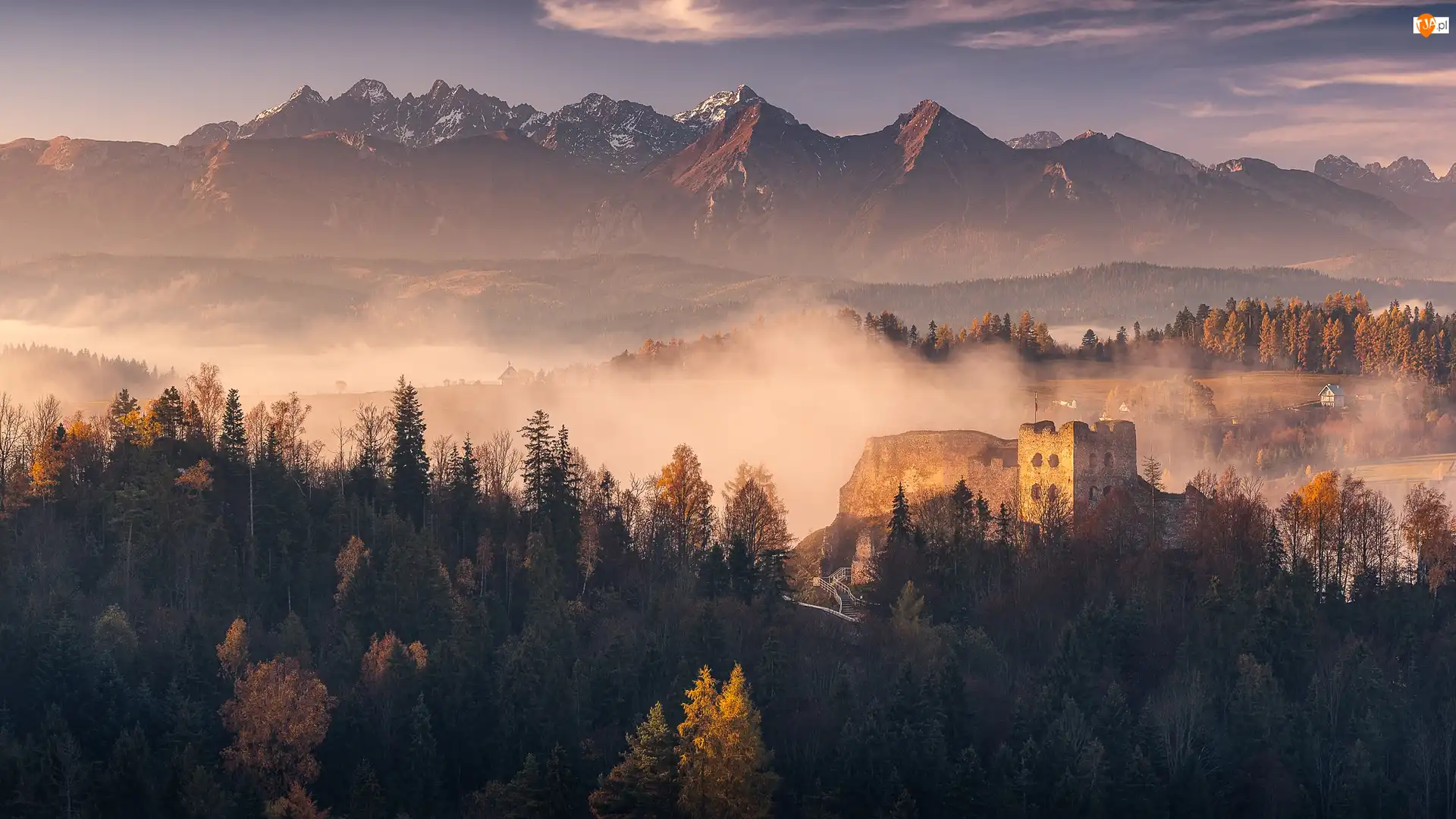 Mgła, Polska, Góry, Jesień, Czorsztyn, Tatry, Drzewa, Zamek