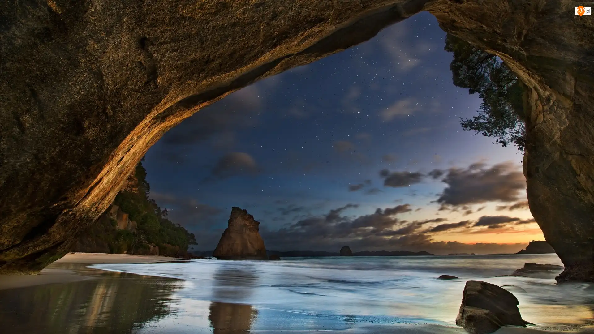 Gwiazdy, Morze, Skały, Jaskinia, Półwysep Coromandel, Nowa Zelandia, Zatoka Cathedral Cove, Waikato, Rezerwat, Noc