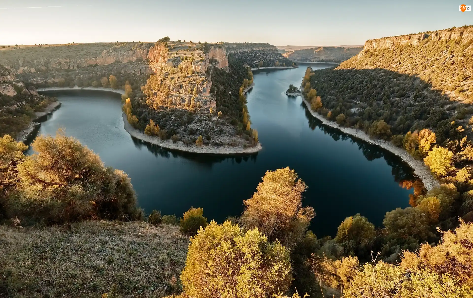 Prowincja Segovia, Park krajobrazowy Hoces del Río Duratón - Parque Natural Hoces del Rio Duratón, Roślinność, Hiszpania, Drzewa, Skały, Rzeka Duratón